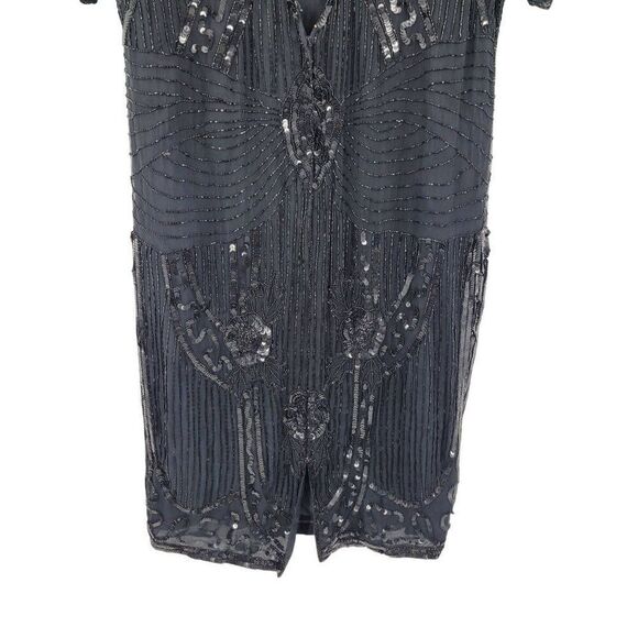 Vintage 80s Silk Black Beaded Sequined Short Sleeve Flapper Dress Sz M Cutout - Picture 13 of 14